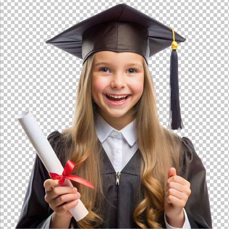 PSD aluna exaltada com diploma e vestido de preto.