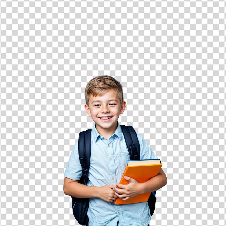 PSD aluno feliz com mochila e livros