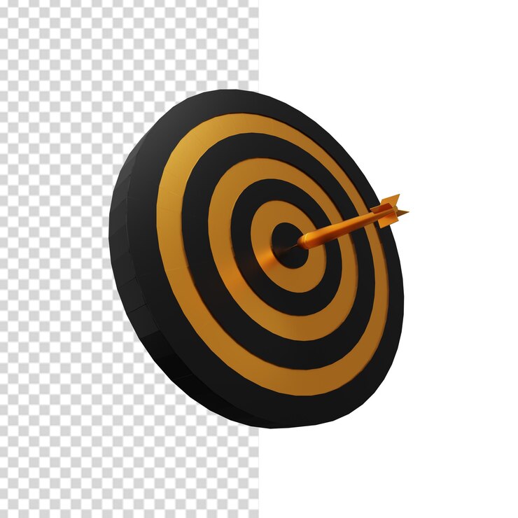 Alvo de dardos preto e dourado com ilustração 3d de dardo dourado.