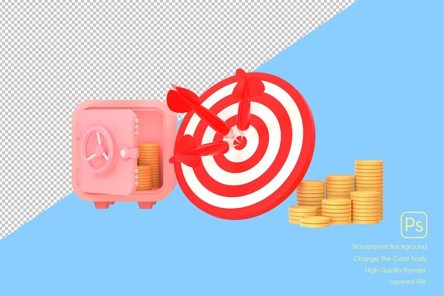 PSD alvo de dardos vermelhos 3d com uma pilha de dinheiro seguro e um saco de dinheiro conceito de negócios financeiros