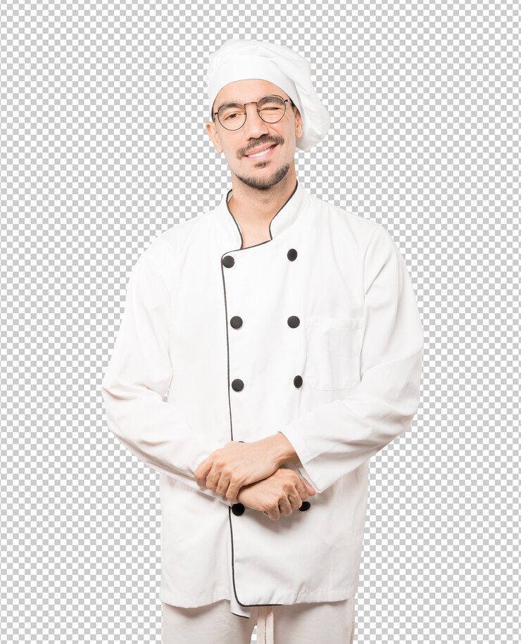 PSD amable joven chef guiñando un ojo