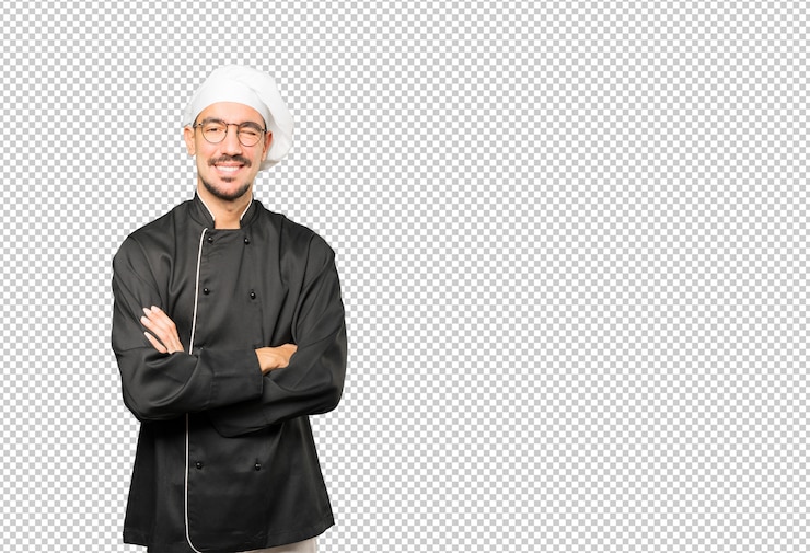 PSD amable joven chef guiñando un ojo