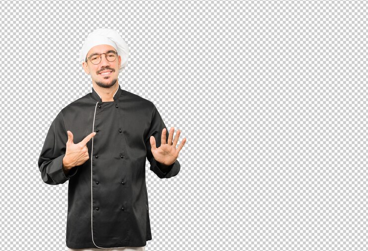 PSD amable joven chef haciendo un gesto de calma
