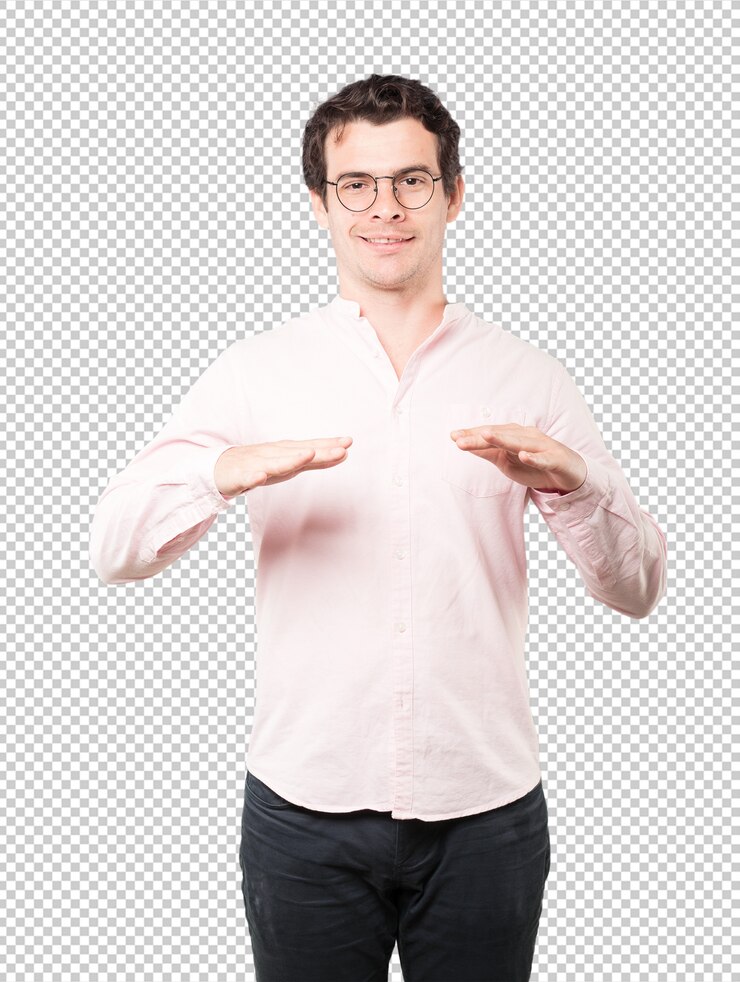 PSD amable joven haciendo un gesto de mantener la calma