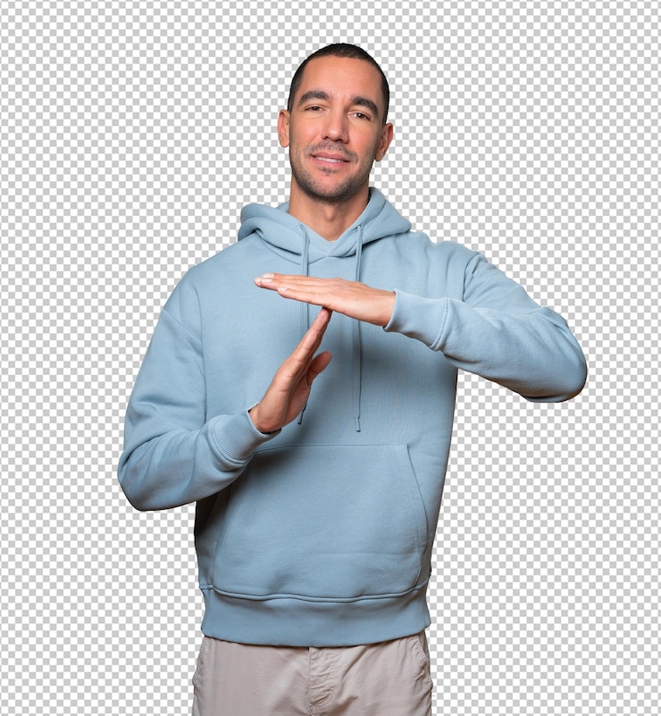 PSD amable joven haciendo un gesto de tiempo con sus manos