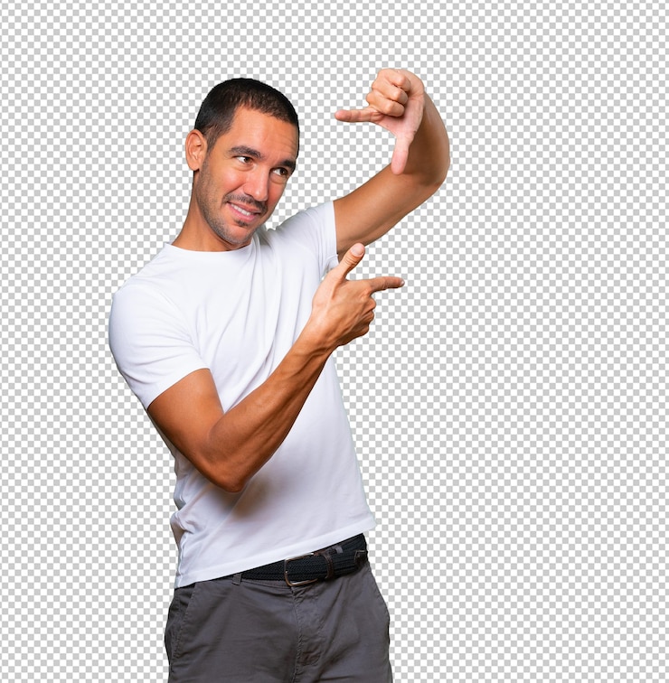 PSD amable joven haciendo un gesto de tomar una foto con las manos