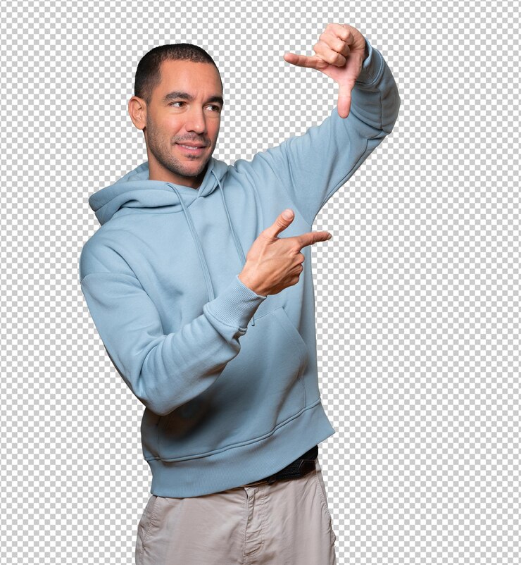 PSD amable joven haciendo un gesto de tomar una foto con las manos