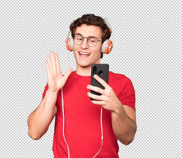 PSD amable joven tomando un selfie con su smartphone