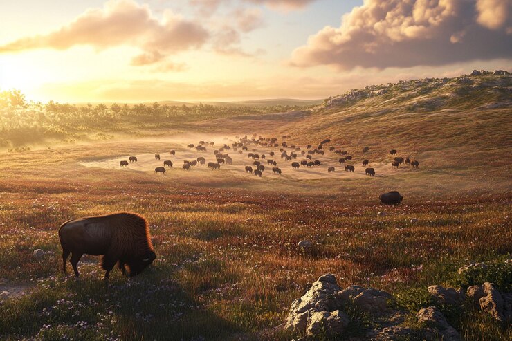 PSD el amanecer sobre una vasta pradera con una gran manada de bisontes pastando pacíficamente