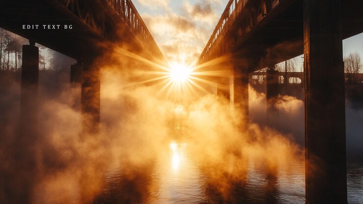 PSD el amanecer a través del puente sobre el río nebuloso