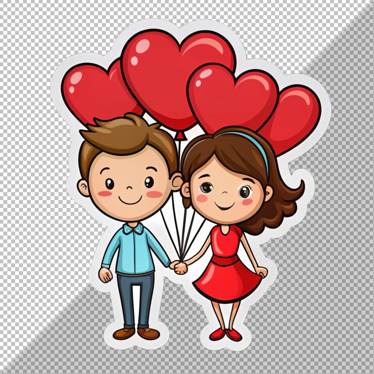 PSD amante e namorada compartilhando balão de amor adesivo do dia dos namorados isolado em fundo transparente