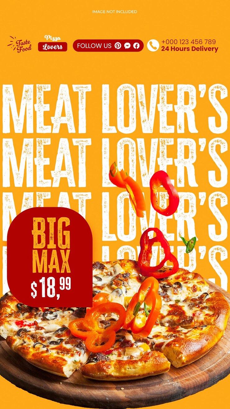 PSD los amantes de la carne de la pizza en el fondo amarillo plantilla de historia de instagram
