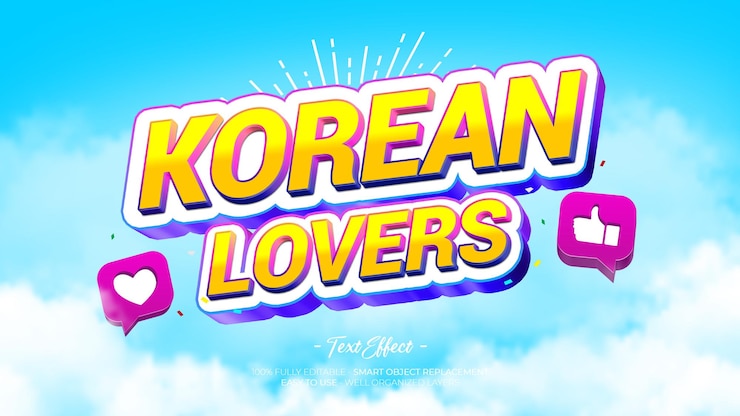 PSD amantes coreanos efecto de texto 3d con objeto 3d amor y como icono en el cielo azul