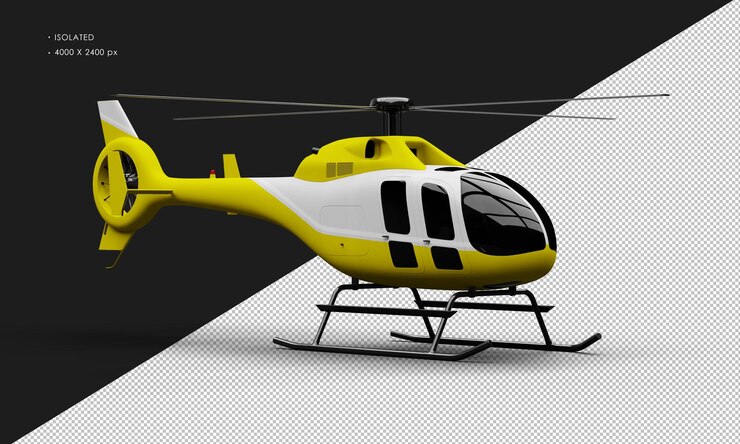 PSD amarillo mate realista aislado con acento blanco mini helicóptero ultraligero desde la vista frontal derecha