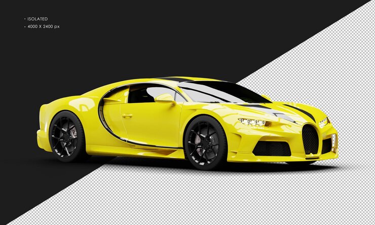 PSD amarillo metálico realista aislado con rayas de lujo sport sedan super car desde la vista frontal derecha