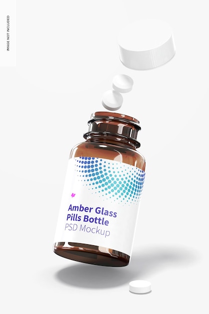 Amber glass pills bottle mockup, fallend