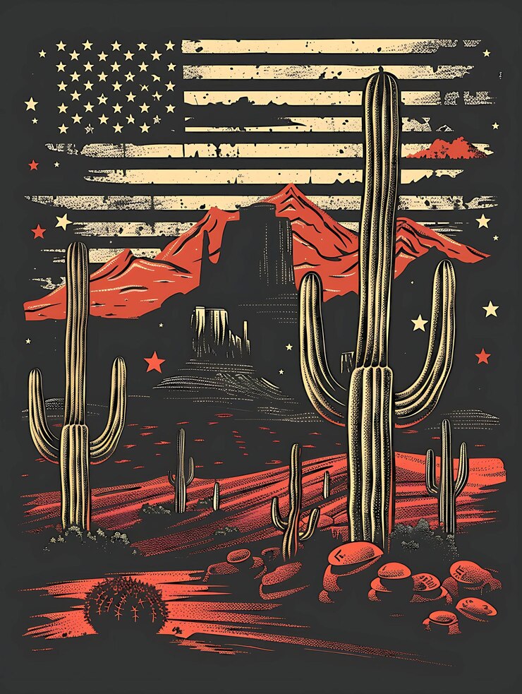 PSD ambiente del deserto con cactus e un ranch a sud-ovest patte flat illustration poster design