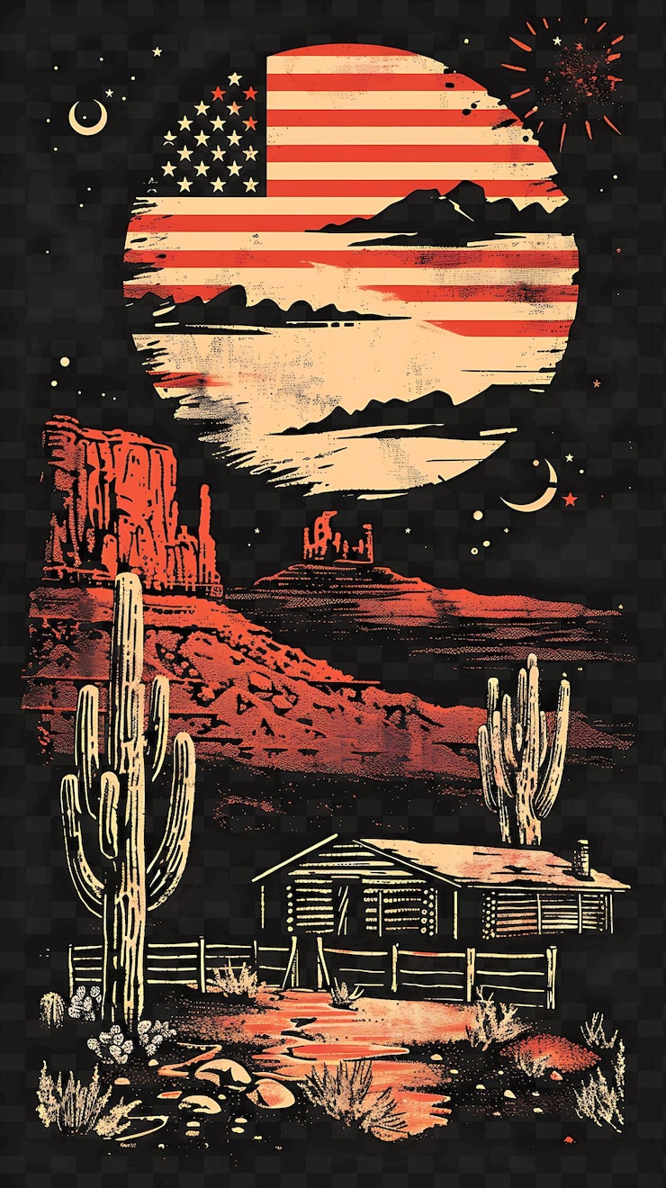 PSD ambiente del deserto con cactus e un ranch a sud-ovest patte flat illustration poster design