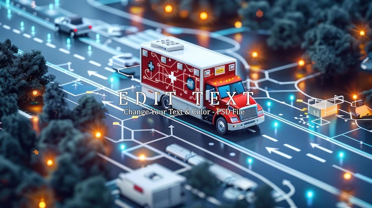 PSD una ambulancia roja con una cruz blanca en el lado conduce en una red de carreteras digitales con otros vehículos