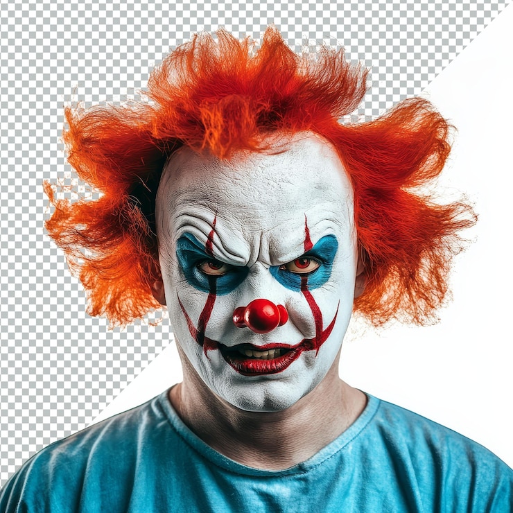 PSD un amenazante payaso villano con cabello naranja brillante y maquillaje dramático se encuentra solo contra un fondo transparente payaso villino aislado en un fondo transparente