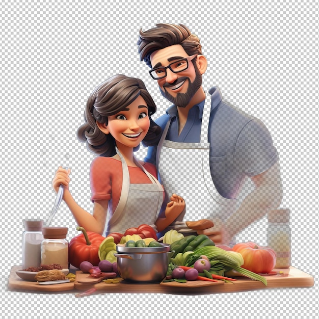 American couple cooking 3d estilo de desenho animado fundo transparente
