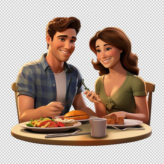 PSD american couple dining 3d arrière-plan transparent dans le style des dessins animés