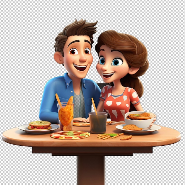 PSD american couple dining 3d estilo de desenho animado fundo transparente