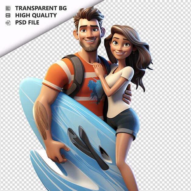 PSD american couple surfing 3d estilo de dibujos animados con fondo blanco