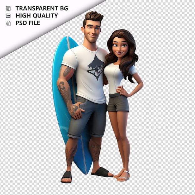 PSD american couple surfing 3d style dessin animé à fond blanc