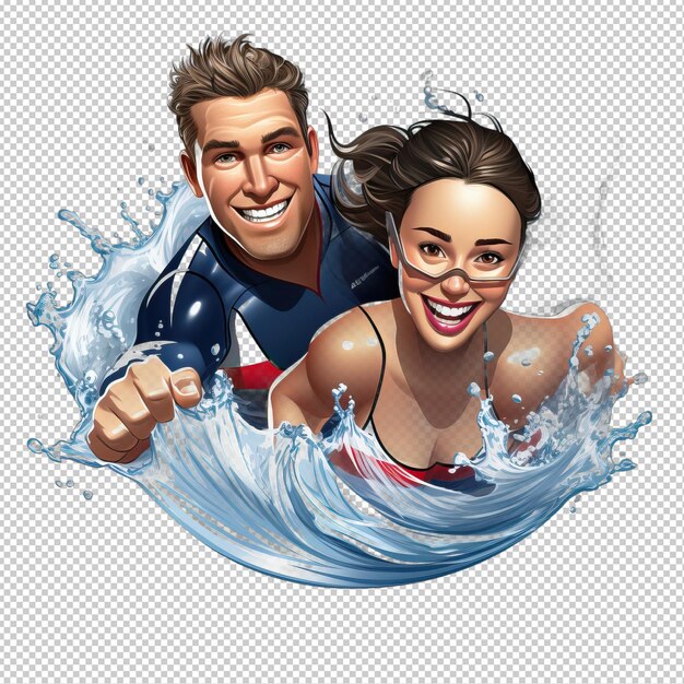 PSD american couple swimming 3d estilo de desenho animado fundo transparente