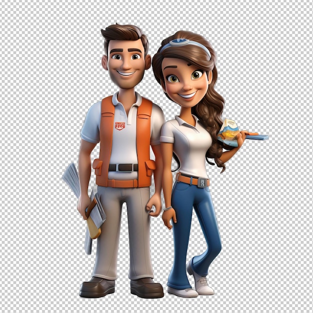 American couple volunteering 3d cartoon-stil durchsichtiges hintergrund