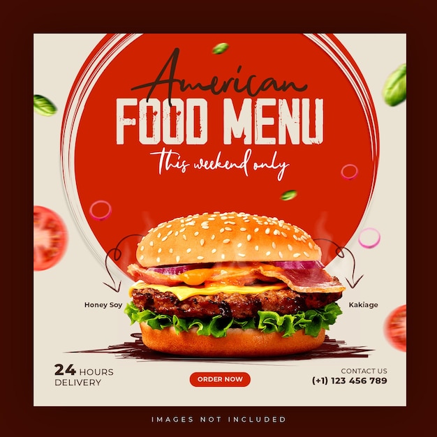 PSD american delicious burger e modelo de banner de mídia social do menu de comida