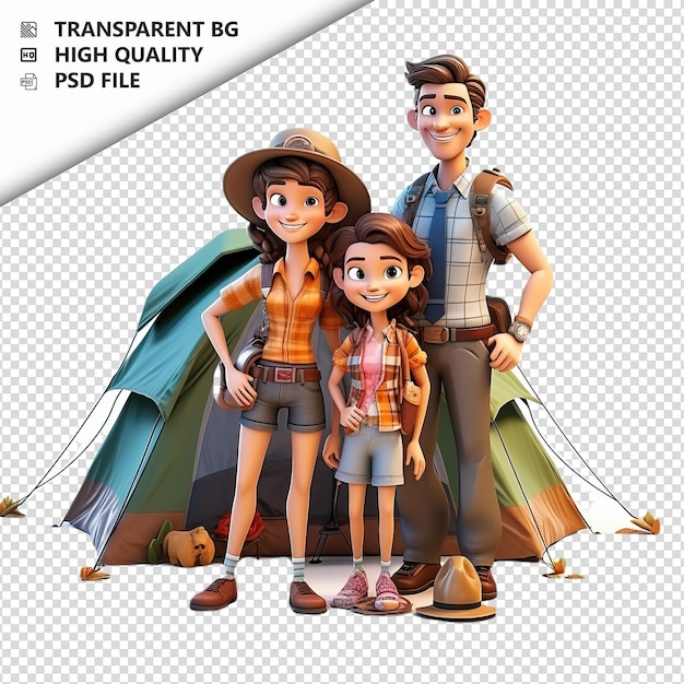 PSD american family camping 3d cartoon-stil mit weißem hintergrund