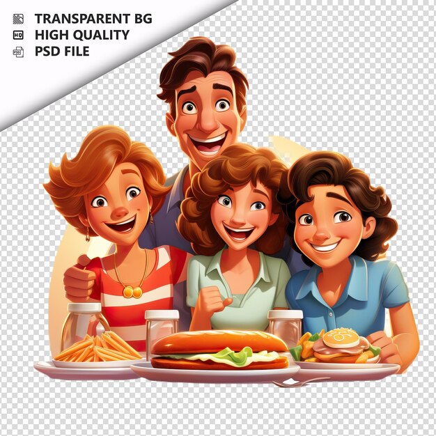 American family dining 3d cartoon-stil mit weißem hintergrund