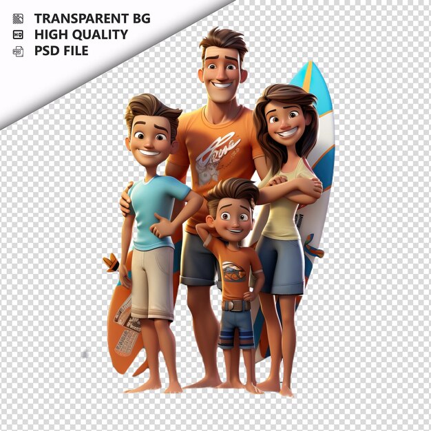 PSD american family surfing 3d estilo de dibujos animados con fondo blanco