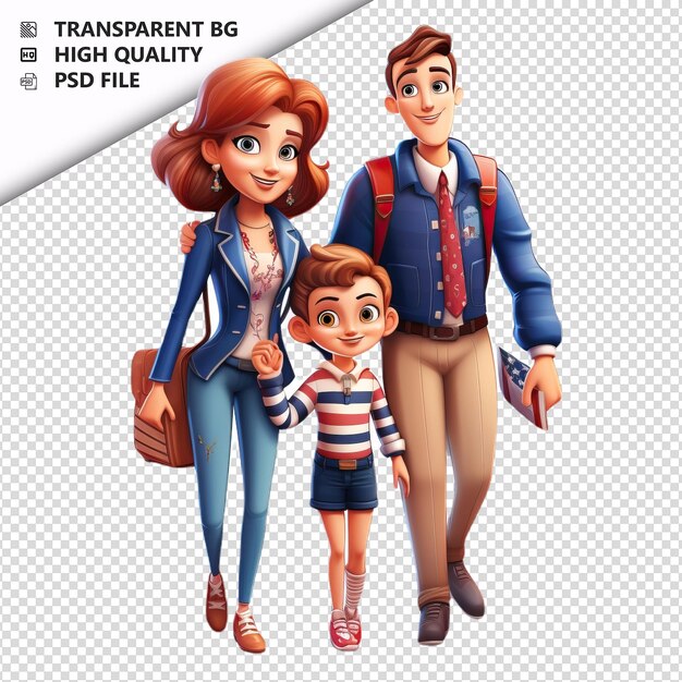 PSD american family training 3d cartoon-stil mit weißem hintergrund