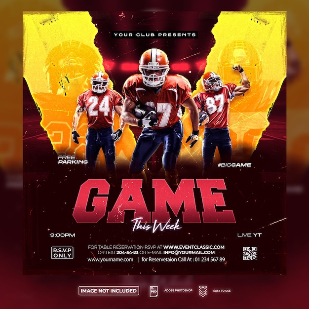 PSD american-football-spieler-flyer flyer für fußballsportveranstaltungen oder vorlage für soziale medien