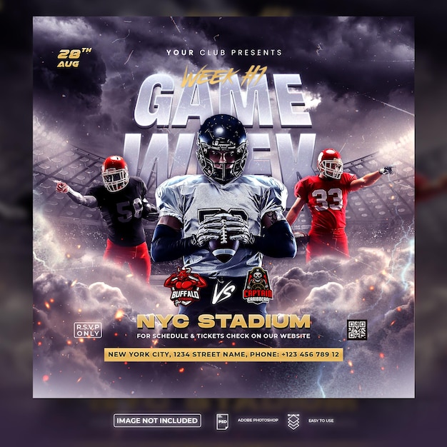 PSD american football spieler flyer oder social media vorlage