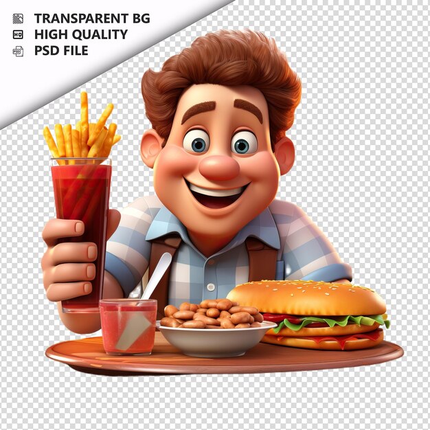 PSD american person dining 3d style dessin animé à fond blanc