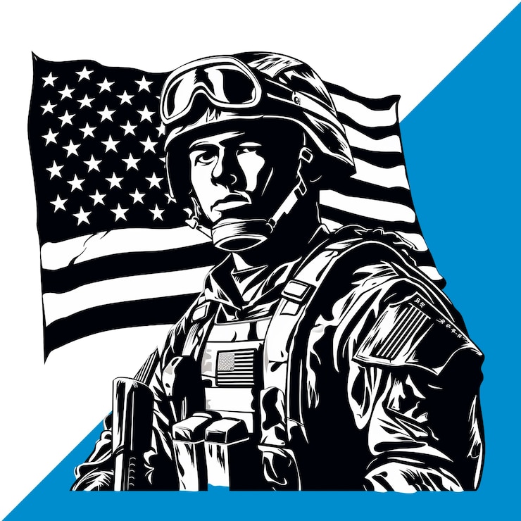 PSD american soldier with flag behind in black and white isolated on transparent background