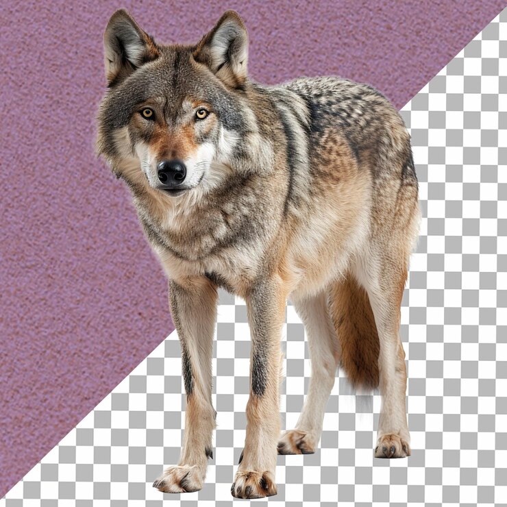 PSD american wolfdog de pie de lado la cabeza hacia abajo y mirando directamente a la cámara aislado en blanco