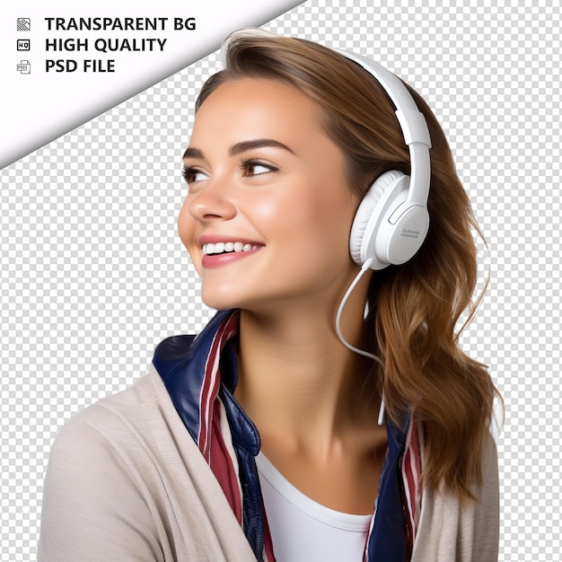 PSD american woman listening ultra-realistischer stil mit weißem rücken