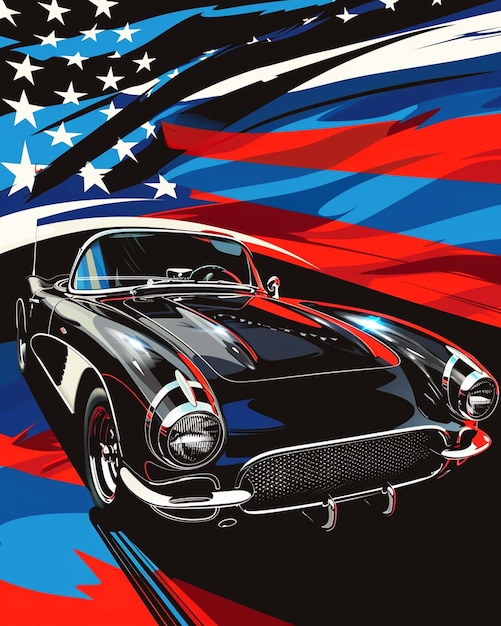 PSD amerikanisches auto mit flaggen-t-shirt-design-vorlage