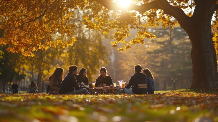 PSD amici che si godono un picnic d'autunno sotto l'albero