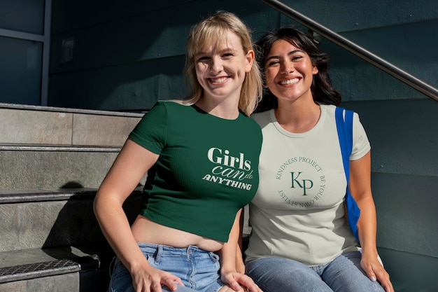 Amici T-shirt mockup psd donne felici che indossano abbigliamento estivo