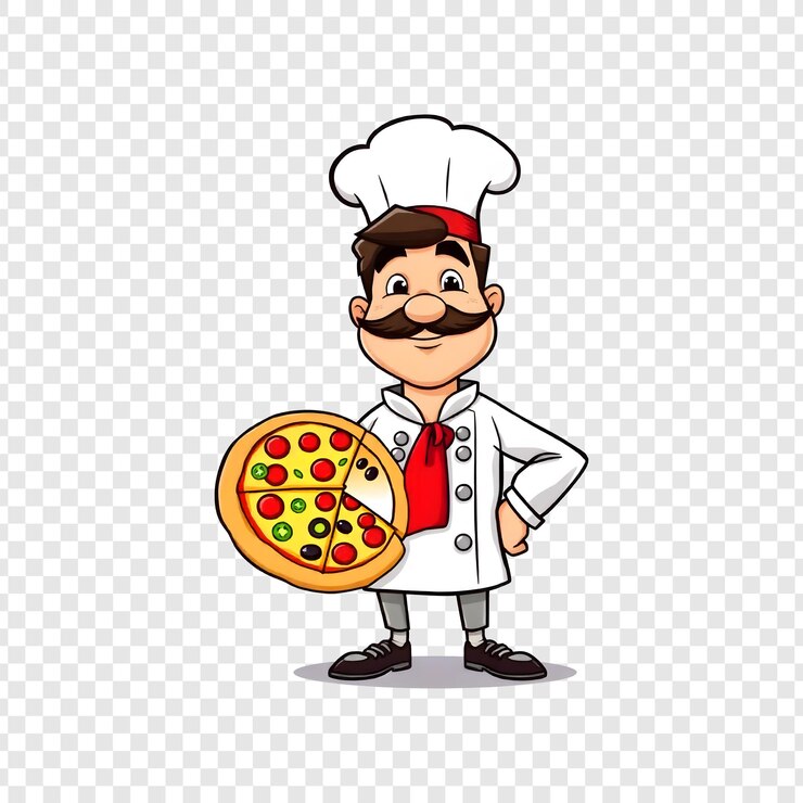 PSD un amigable chef de estilo dibujos animados con una pizza grande con una rebanada faltante