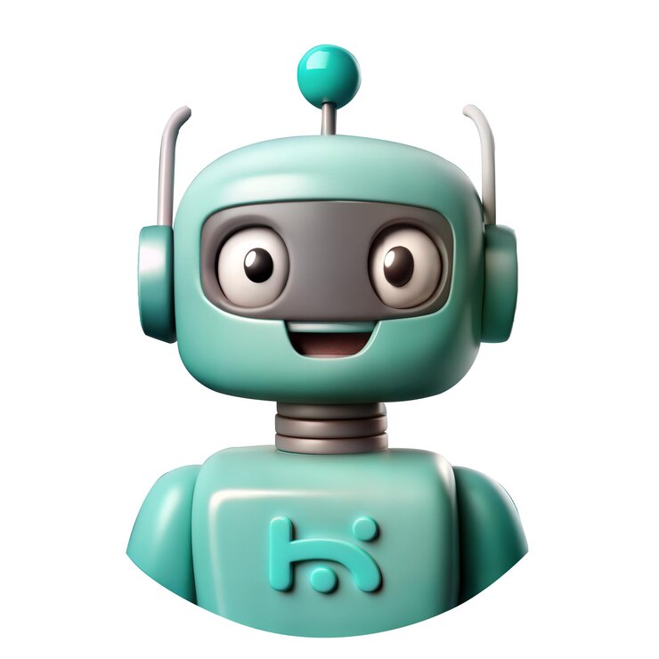 PSD amigable personaje robot azulado aislado en fondo blanco para el desarrollo de ai