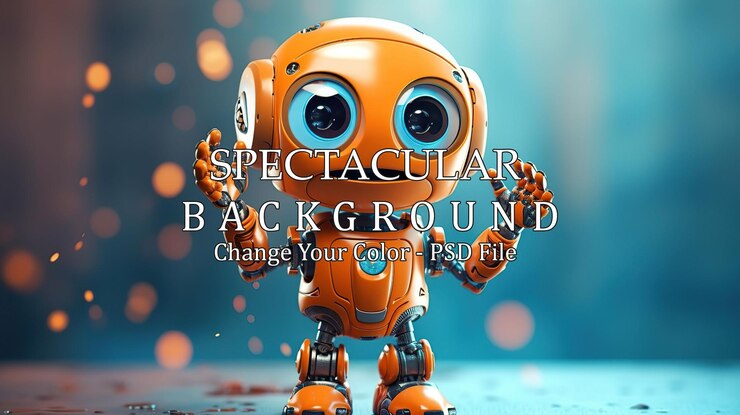 PSD amigable y positivo robot de dibujos animados naranja con cara sonriente