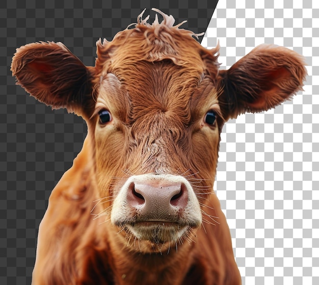 PSD amigable vaca marrón con ojos suaves en fondo transparente stock png