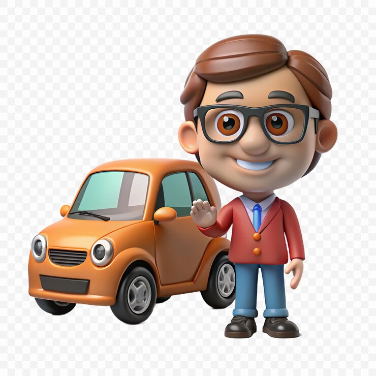 PSD amigable vendedor de coches de dibujos animados en 3d